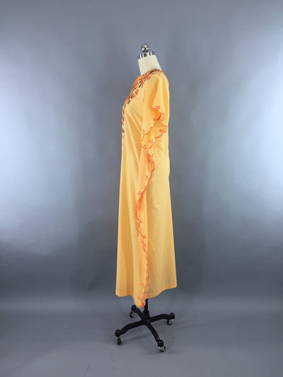 Vintage 1960s Caftan Dress / Orange Floral Embroidered Maxi Dress - ThisBlueBird