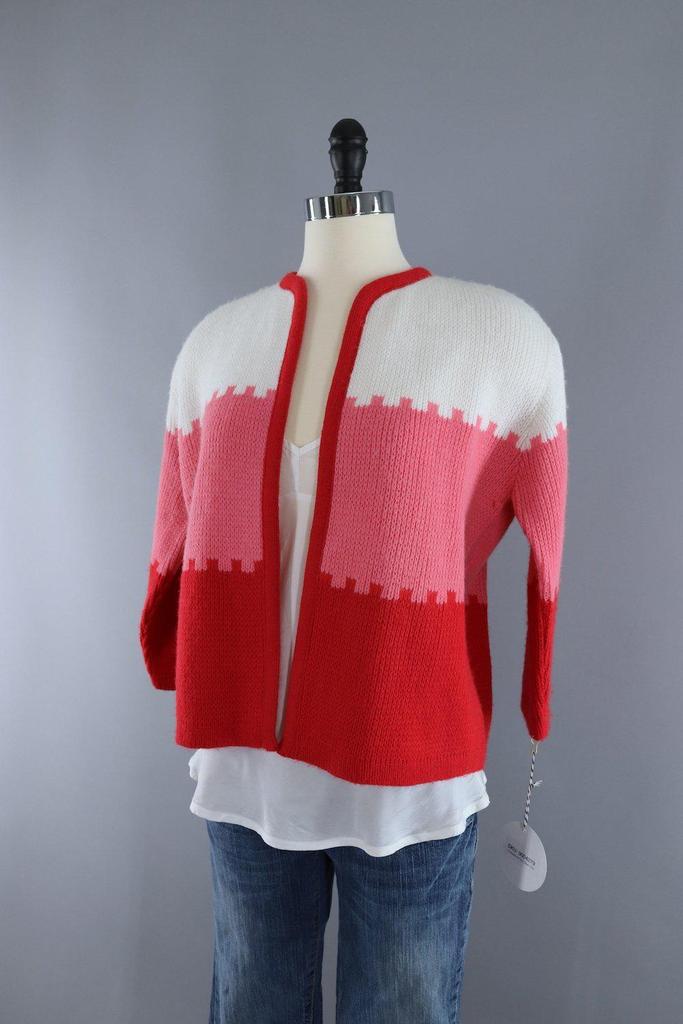 Vintage 1960s Candy Cane Red and White Cardigan Sweater - ThisBlueBird