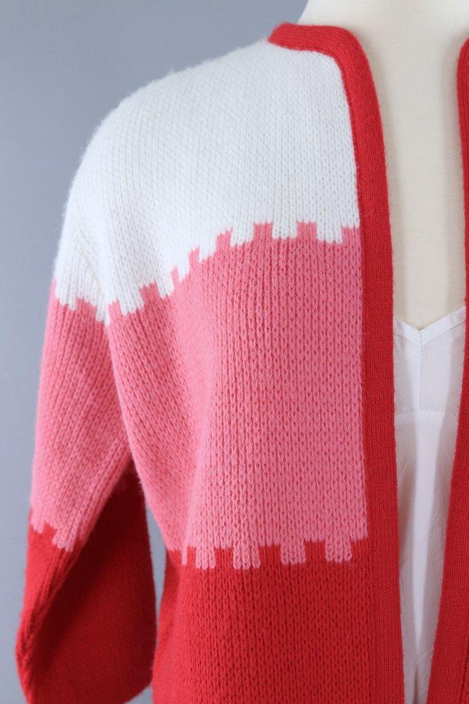 Vintage 1960s Candy Cane Red and White Cardigan Sweater - ThisBlueBird