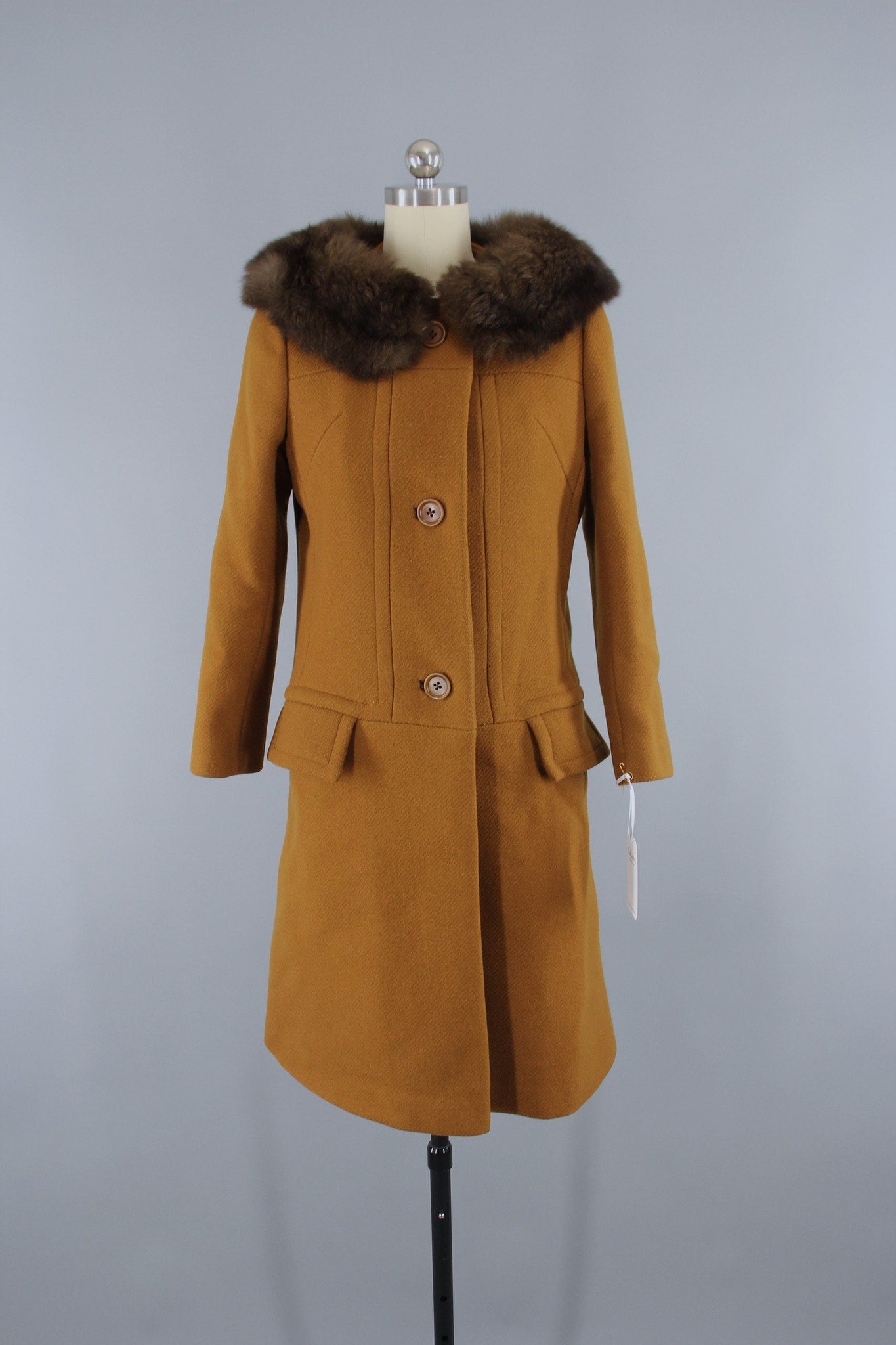 Vintage 1960s Caramel Brown Wool Coat with Fur Collar - ThisBlueBird