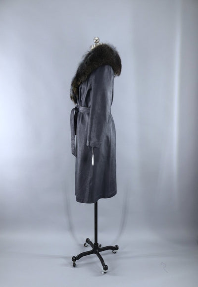 Vintage 1960s Charcoal Blue Grey Leather Coat with Fur Collar - ThisBlueBird
