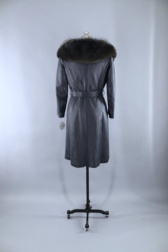 Vintage 1960s Charcoal Blue Grey Leather Coat with Fur Collar - ThisBlueBird