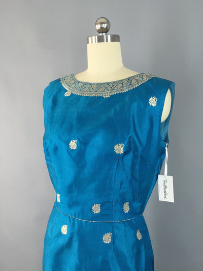 Vintage 1960s Cocktail Dress / Aqua Blue Thai Silk Brocade - ThisBlueBird