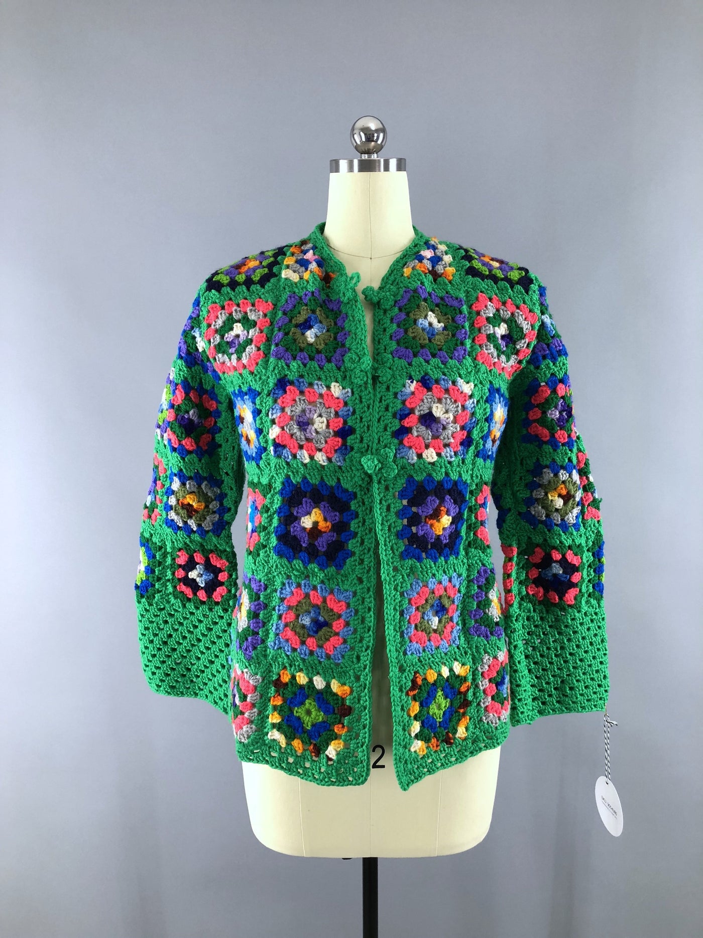 Vintage 1960s Crocheted Cardigan / Green Granny Squares - ThisBlueBird
