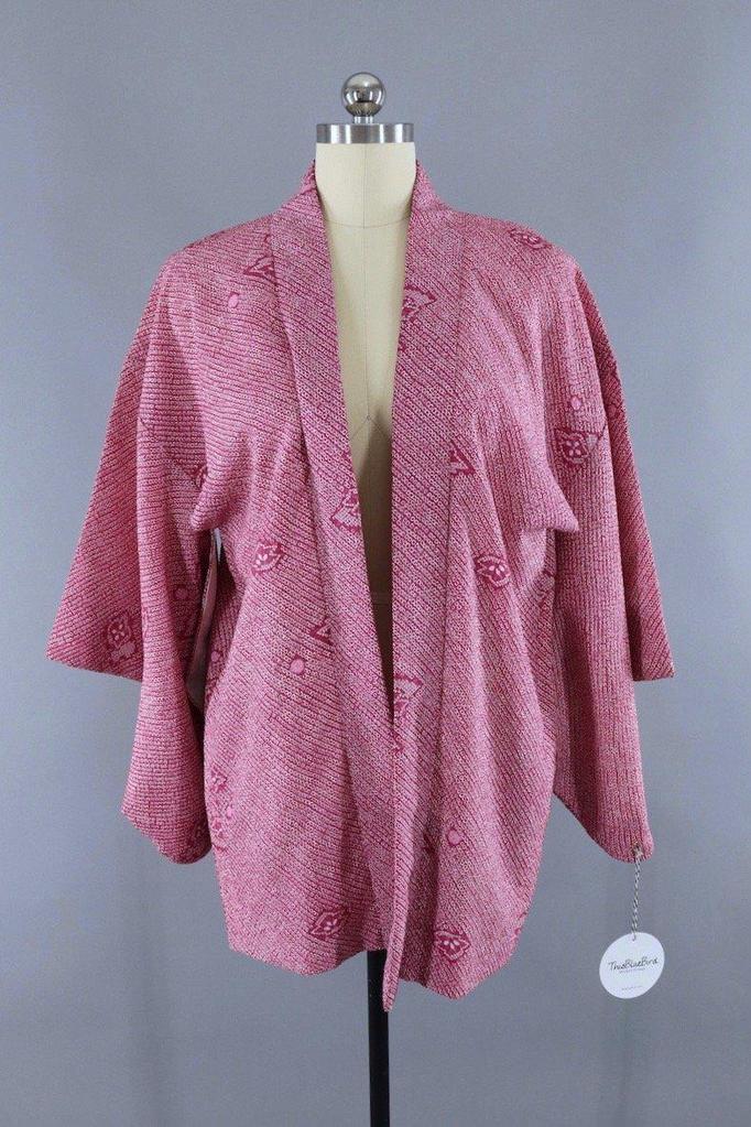 Vintage 1960s Dark Pink Shibori Silk Kimono Cardigan Jacket - ThisBlueBird