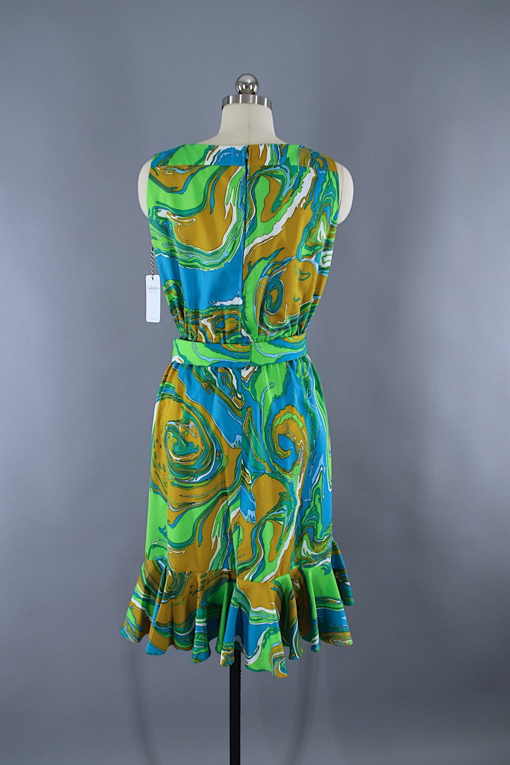 Vintage 1960s Day Dress / Aqua Blue Marble Print / Opducke's of Streator - ThisBlueBird