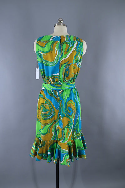 Vintage 1960s Day Dress / Aqua Blue Marble Print / Opducke's of Streator - ThisBlueBird