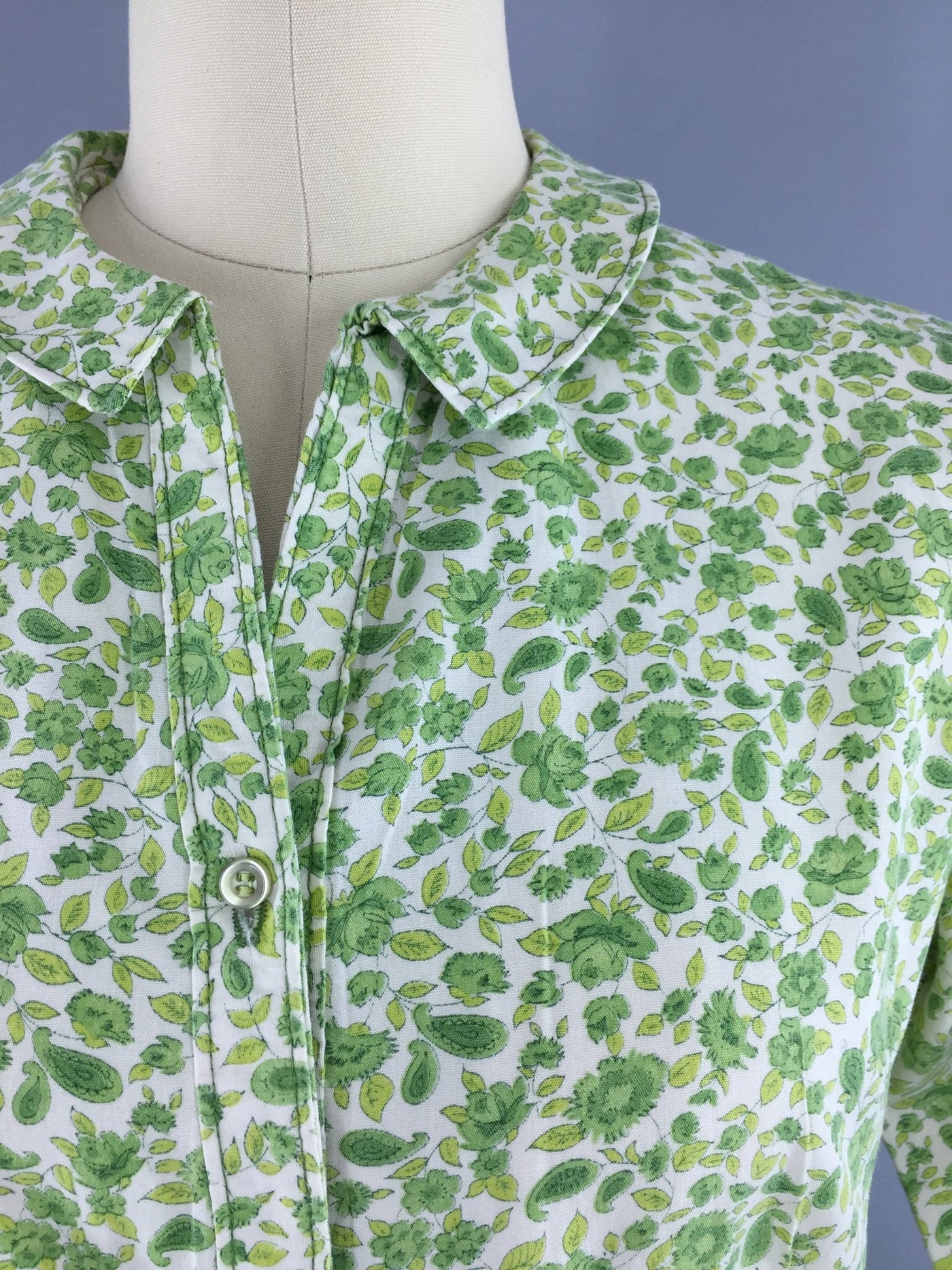Vintage 1960s Day Dress / Green Floral Print Cotton - ThisBlueBird