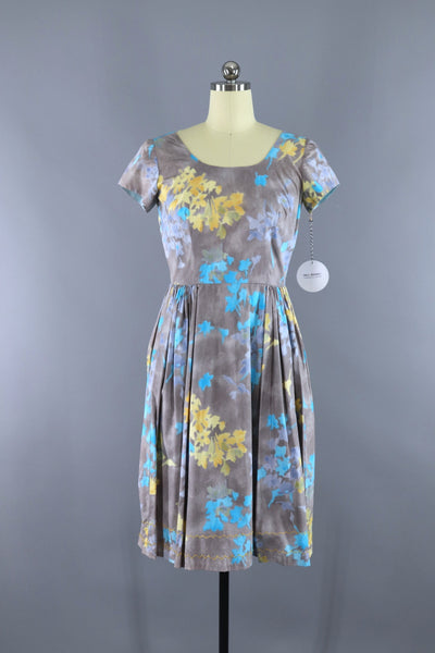 Vintage 1960s Day Dress / Grey & Blue Floral Print - ThisBlueBird