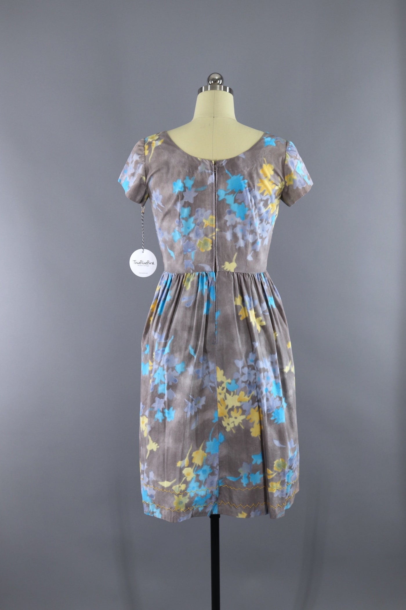 Vintage 1960s Day Dress / Grey & Blue Floral Print - ThisBlueBird