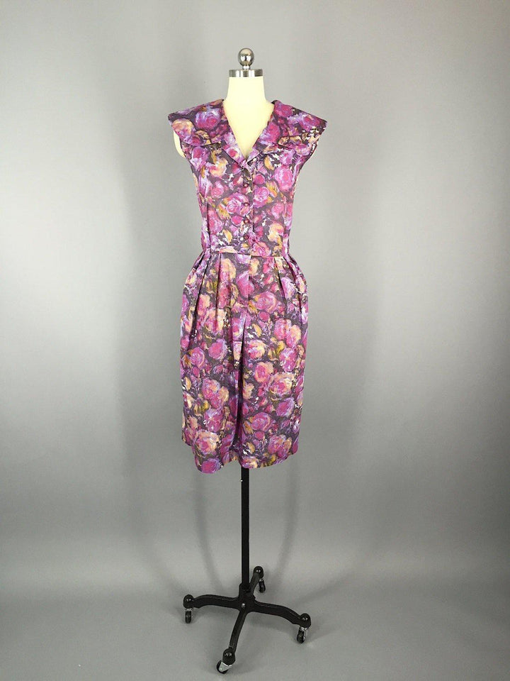 Vintage 1960s Day Dress / Purple Floral Print / Plus Size - ThisBlueBird