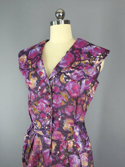 Vintage 1960s Day Dress / Purple Floral Print / Plus Size - ThisBlueBird