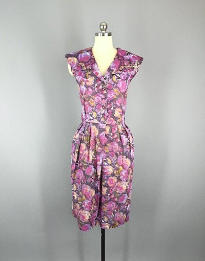 Vintage 1960s Day Dress / Purple Floral Print / Plus Size - ThisBlueBird