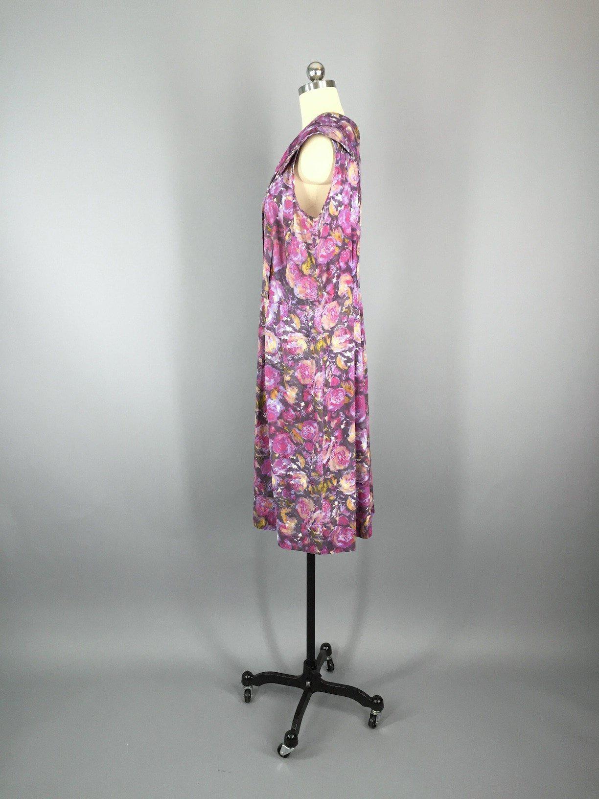 Vintage 1960s Day Dress / Purple Floral Print / Plus Size - ThisBlueBird