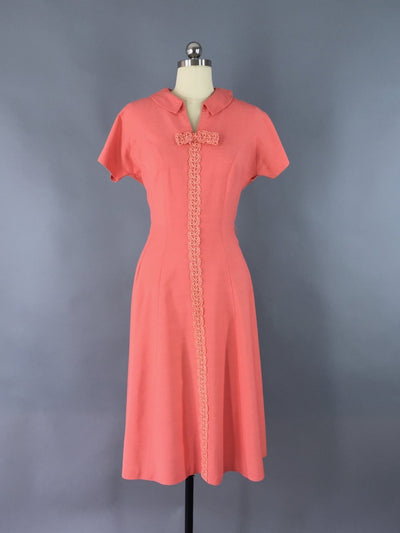 Vintage 1960s Dress / Coral Pink Silk Linen - ThisBlueBird