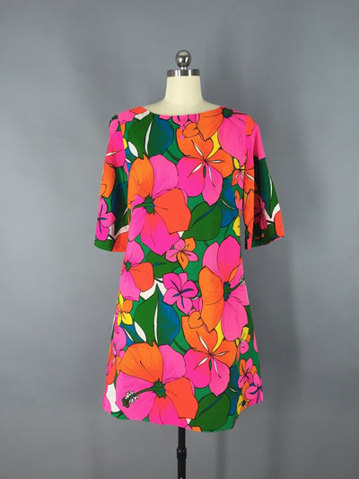 Vintage 1960s Dress / Malihini Hawaiian / Neon Floral Print - ThisBlueBird