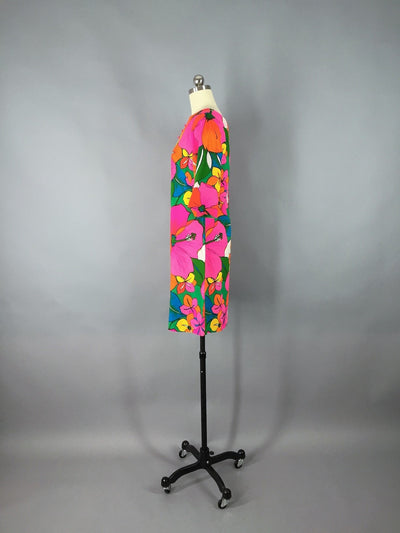 Vintage 1960s Dress / Malihini Hawaiian / Neon Floral Print - ThisBlueBird