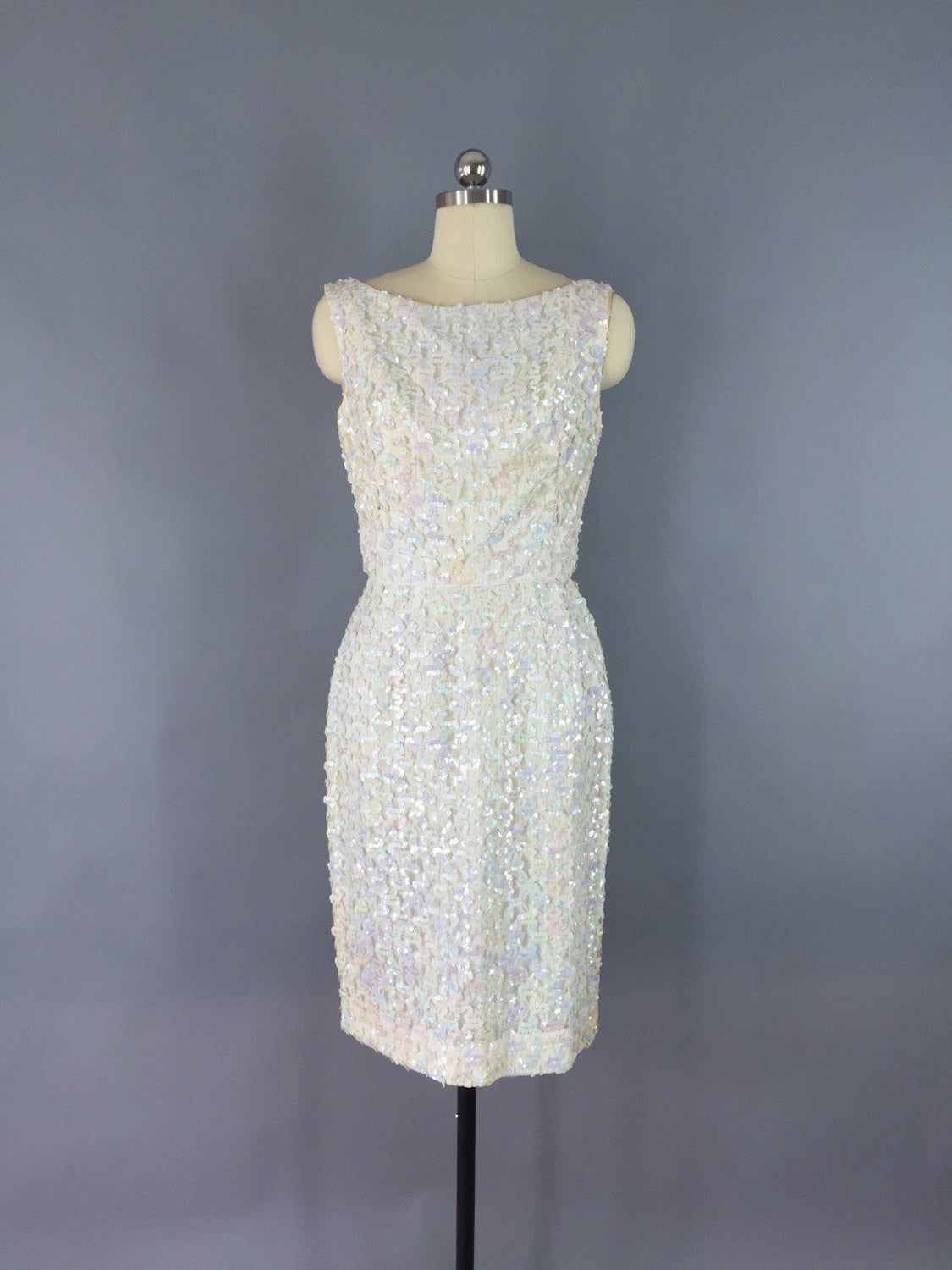Vintage 1960s Dress / White Sequined Cocktail Dress - ThisBlueBird