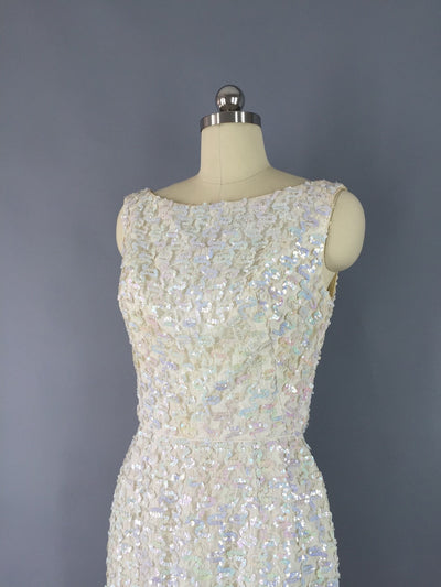 Vintage 1960s Dress / White Sequined Cocktail Dress - ThisBlueBird