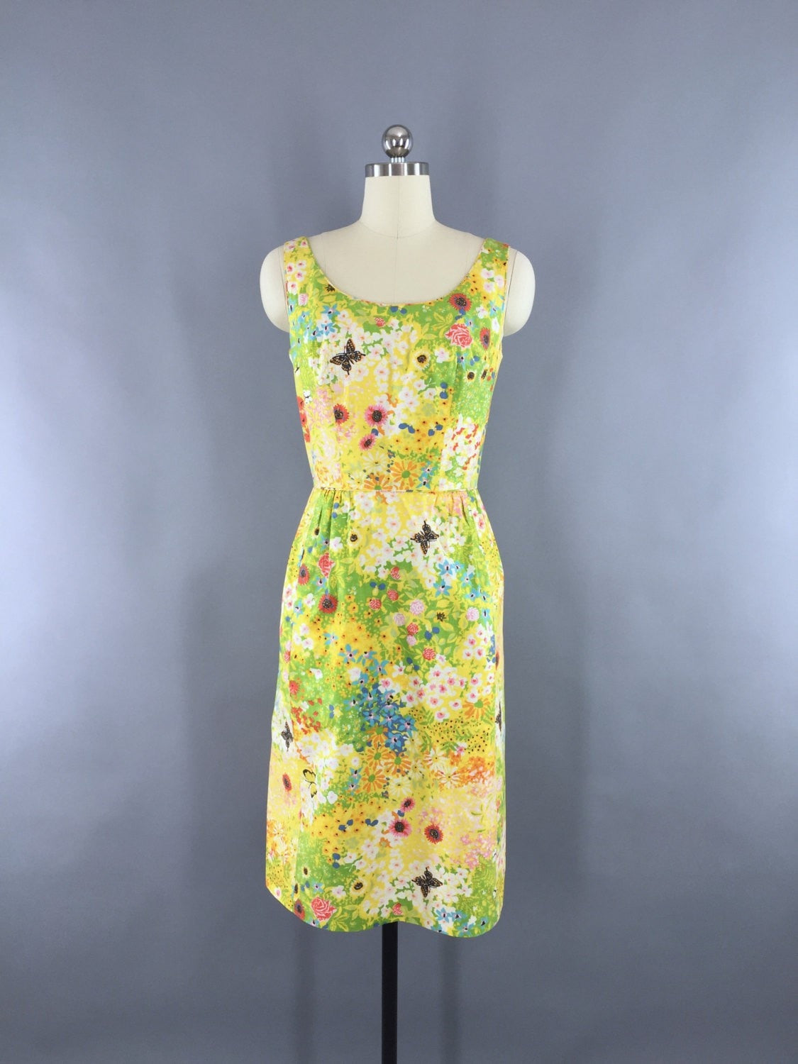 Vintage 1960s Dress / Yellow Butterfly Novelty Print - ThisBlueBird