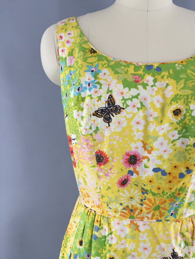 Vintage 1960s Dress / Yellow Butterfly Novelty Print - ThisBlueBird