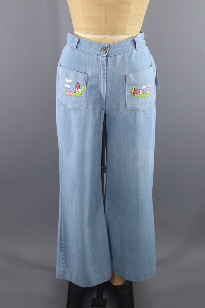 Vintage 1960s Embroidered Bell Bottom Jeans - ThisBlueBird