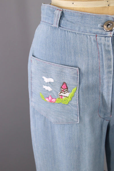 Vintage 1960s Embroidered Bell Bottom Jeans - ThisBlueBird