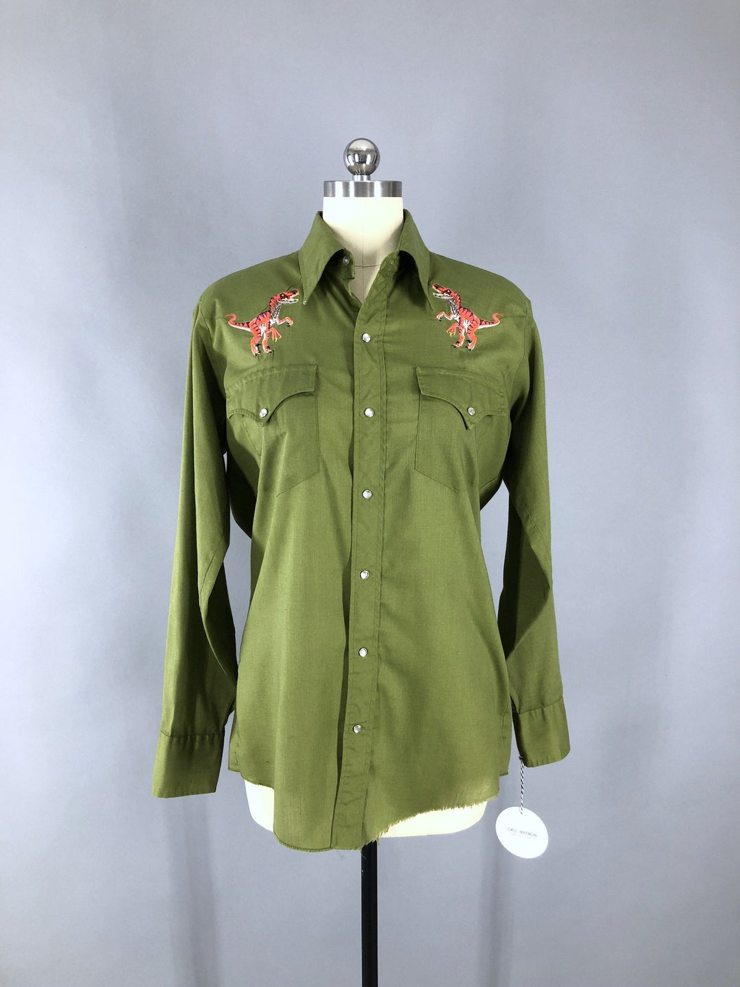 Vintage 1960s Embroidered Western Shirt / Army Green T-REX Dinosaurs - ThisBlueBird
