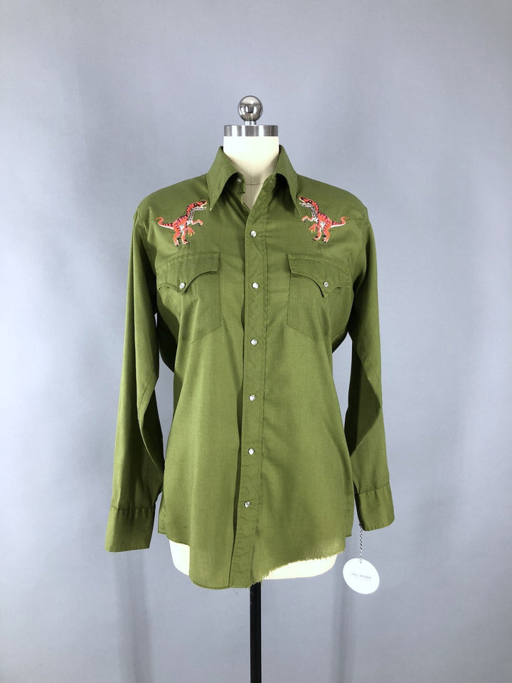 Vintage 1960s Embroidered Western Shirt / Army Green T-REX Dinosaurs - ThisBlueBird