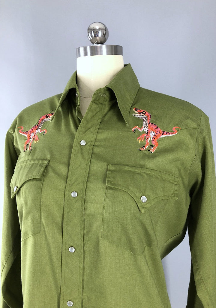 Vintage 1960s Embroidered Western Shirt / Army Green T-REX Dinosaurs - ThisBlueBird