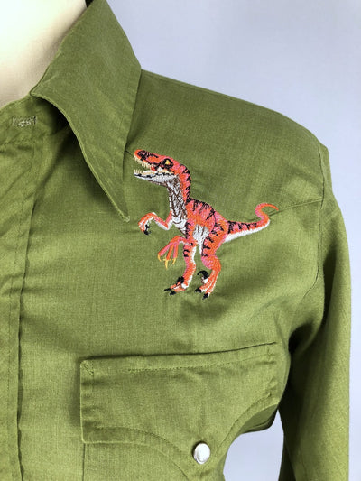 Vintage 1960s Embroidered Western Shirt / Army Green T-REX Dinosaurs - ThisBlueBird