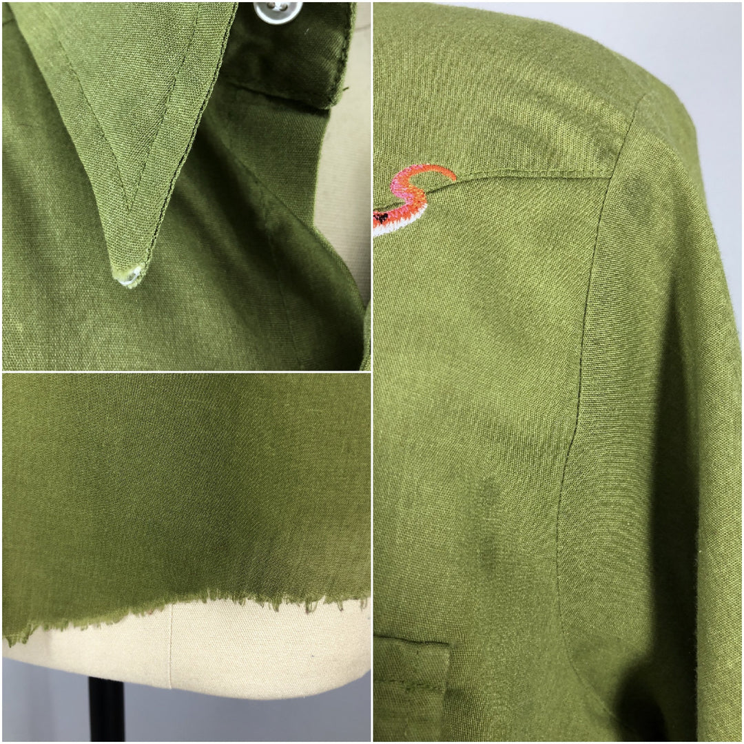 Vintage 1960s Embroidered Western Shirt / Army Green T-REX Dinosaurs - ThisBlueBird