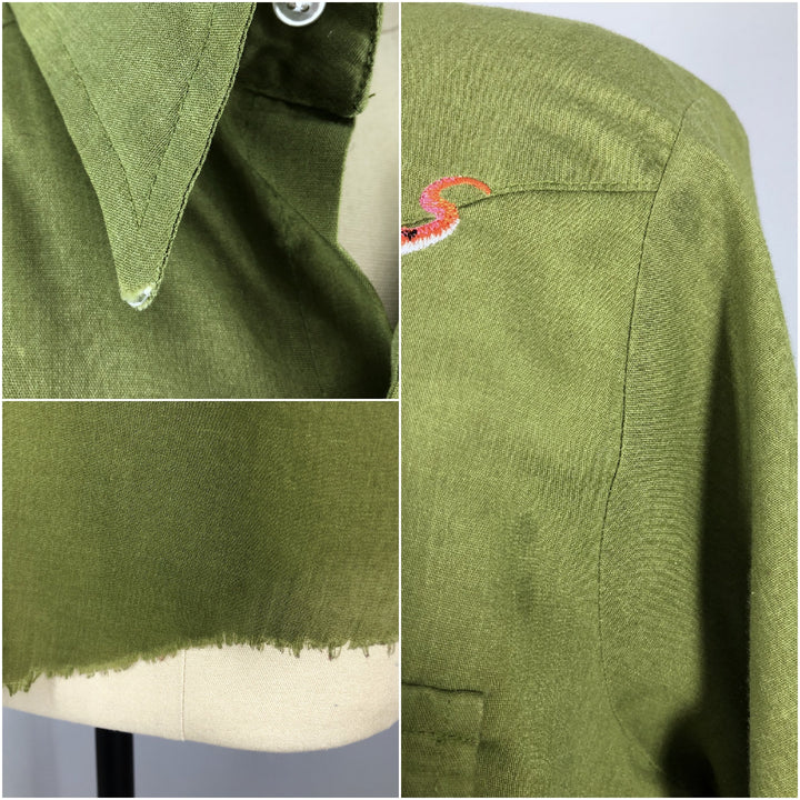 Vintage 1960s Embroidered Western Shirt / Army Green T-REX Dinosaurs - ThisBlueBird