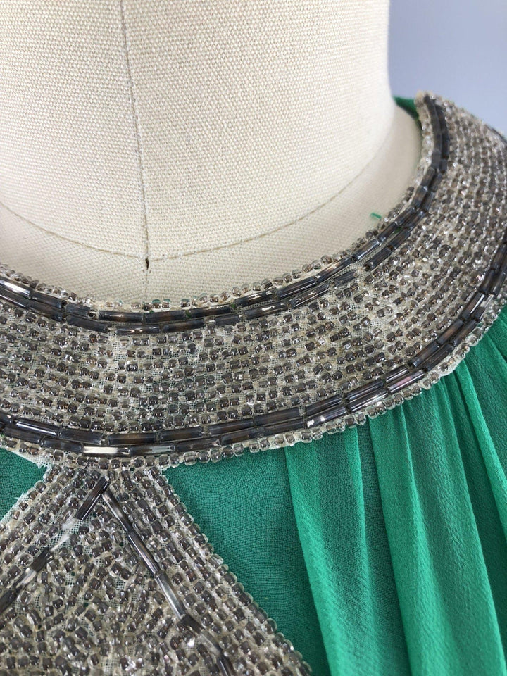 Vintage 1960s Emerald Green Beaded Chiffon Party Dress - ThisBlueBird