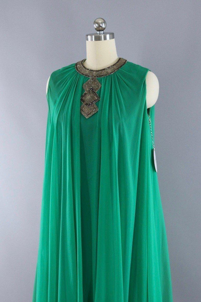 Vintage 1960s Emerald Green Beaded Chiffon Party Dress - ThisBlueBird