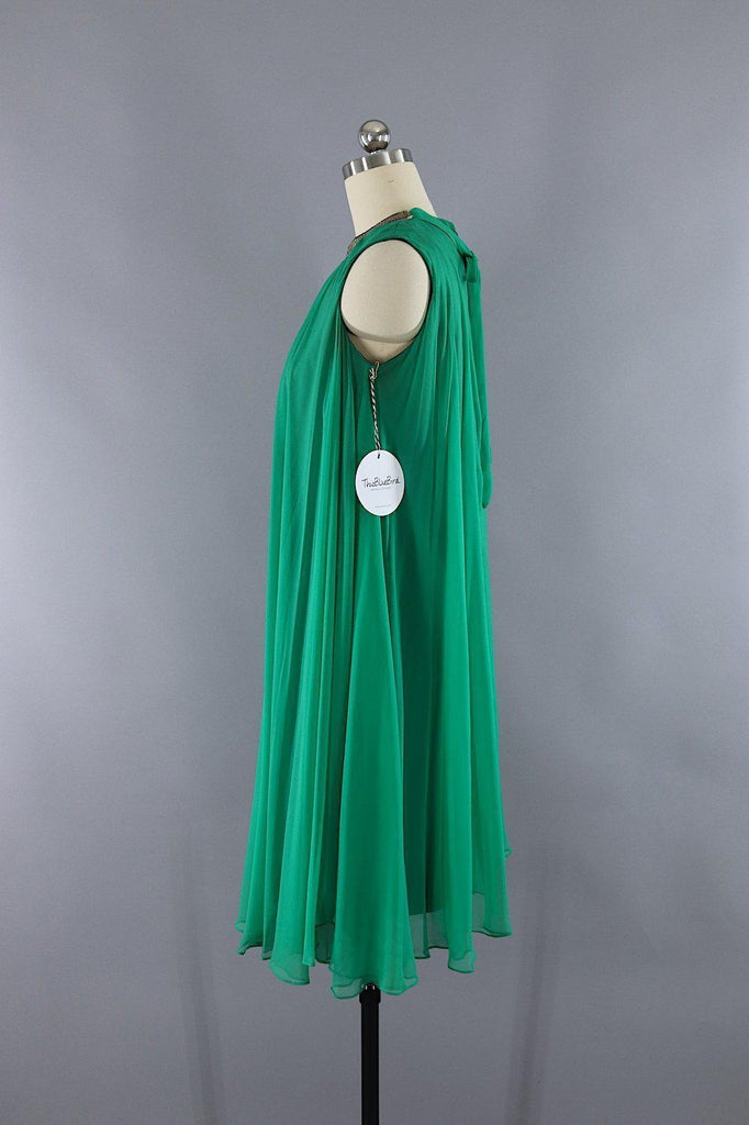 Vintage 1960s Emerald Green Beaded Chiffon Party Dress - ThisBlueBird
