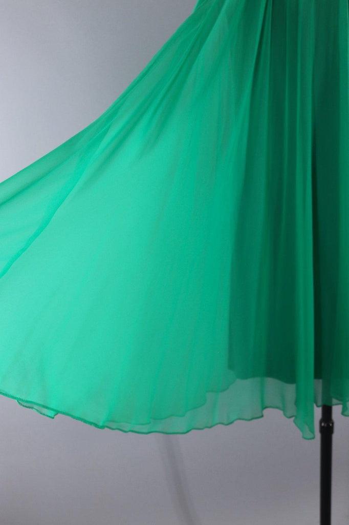 Vintage 1960s Emerald Green Beaded Chiffon Party Dress - ThisBlueBird