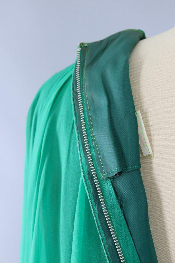 Vintage 1960s Emerald Green Beaded Chiffon Party Dress - ThisBlueBird