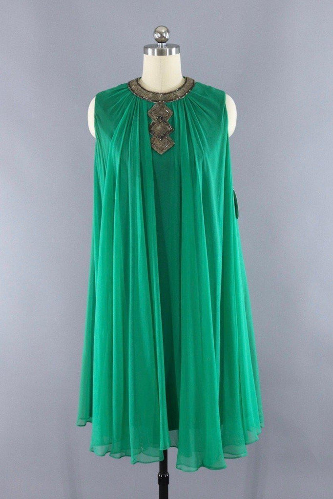 Vintage 1960s Emerald Green Beaded Chiffon Party Dress - ThisBlueBird