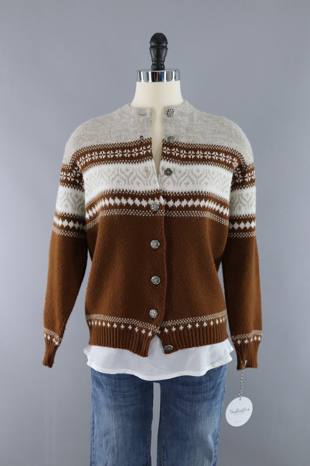 Vintage 1960s Fair Isle Cardigan Sweater / Oatmeal Brown - ThisBlueBird