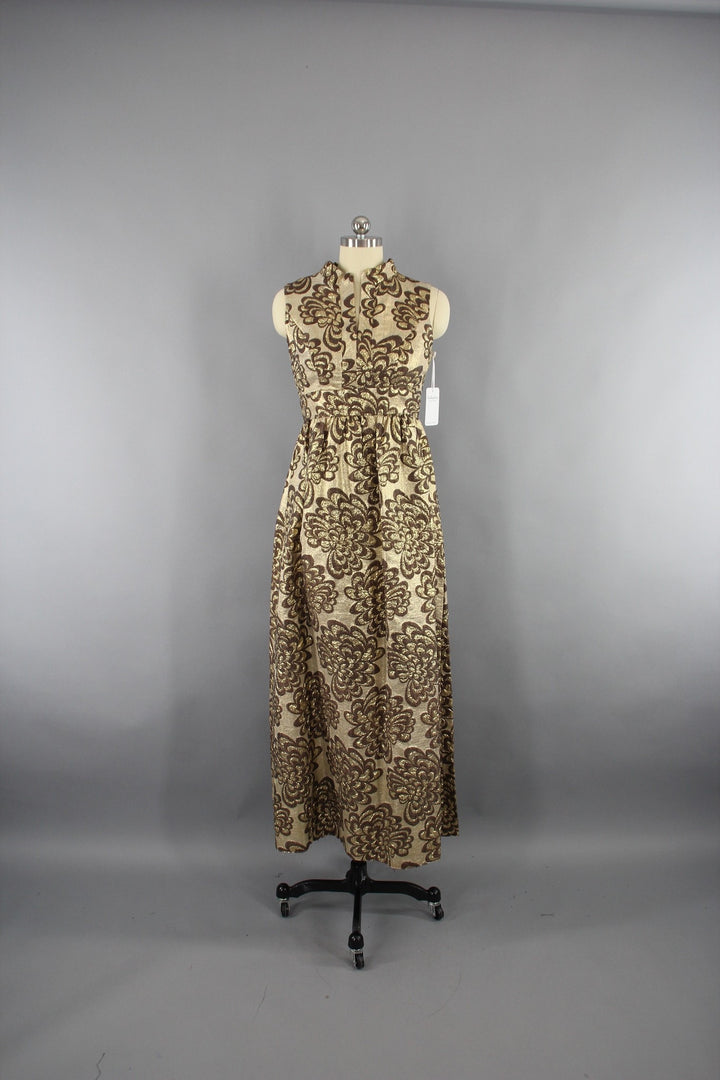Vintage 1960s Gold Brocade Hostess Maxi Dress - ThisBlueBird