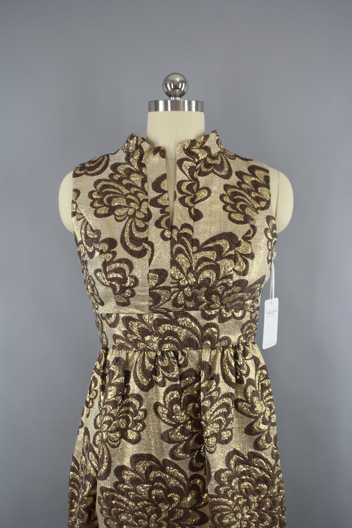 Vintage 1960s Gold Brocade Hostess Maxi Dress - ThisBlueBird