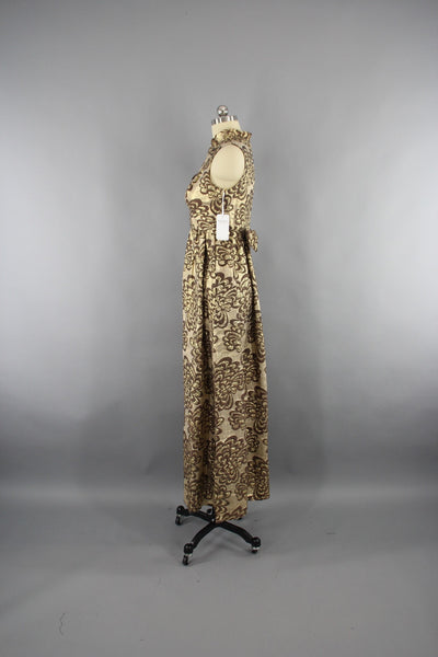 Vintage 1960s Gold Brocade Hostess Maxi Dress - ThisBlueBird