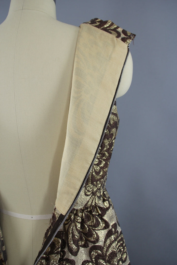 Vintage 1960s Gold Brocade Hostess Maxi Dress - ThisBlueBird