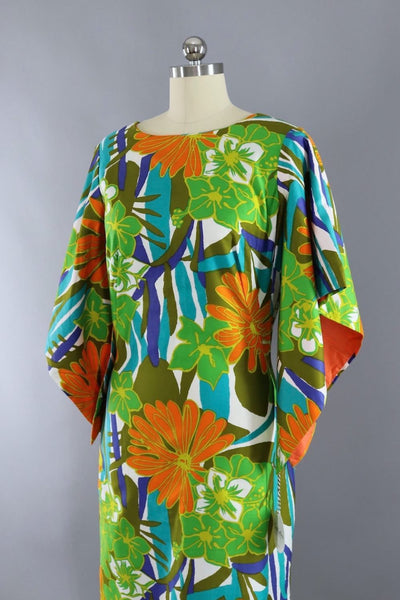 Vintage 1960s Green Floral Print Hawaiian Maxi Dress - ThisBlueBird