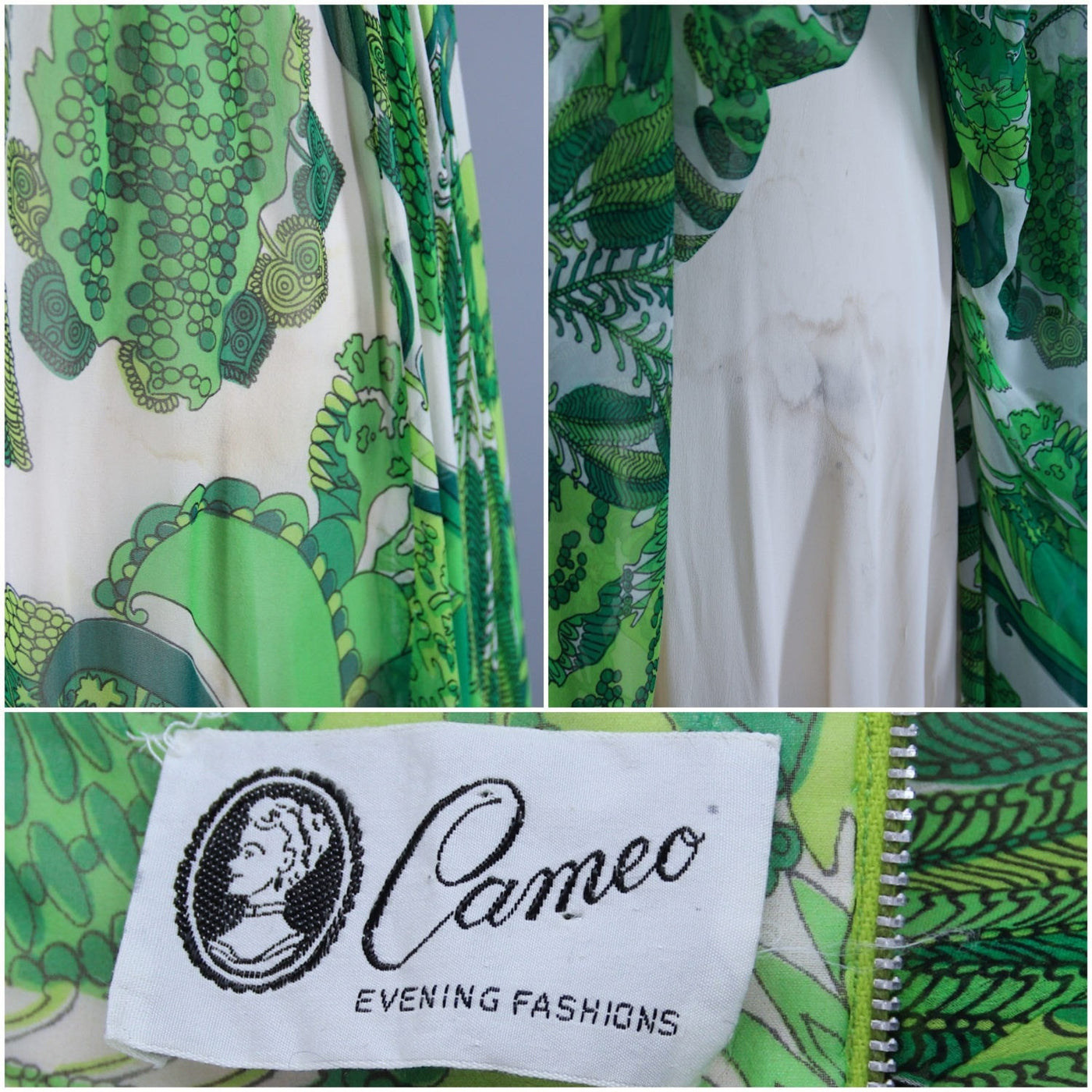 Vintage 1960s Green Floral Print Silk Chiffon Maxi Dress - ThisBlueBird