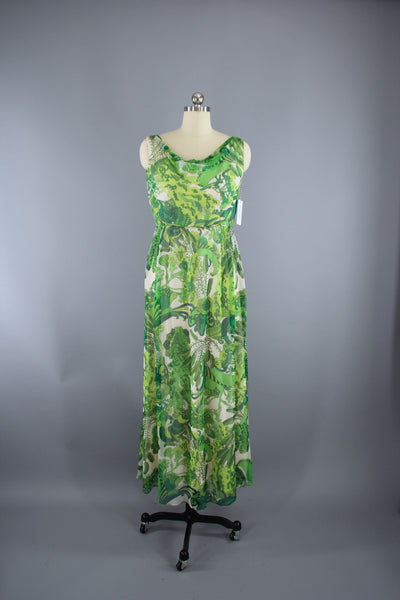 Vintage 1960s Green Floral Print Silk Chiffon Maxi Dress - ThisBlueBird
