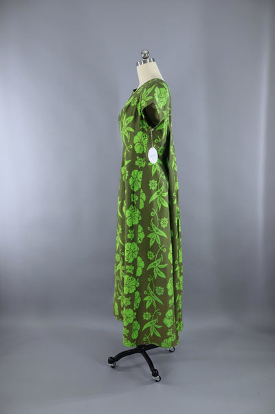 Vintage 1960s Hawaiian Maxi Dress / Olive Green Floral Print - ThisBlueBird