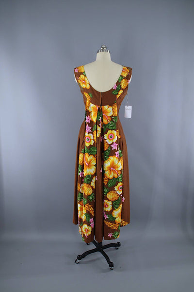 Vintage 1960s Hawaiian Paradise Maxi Dress / Brown Floral Print - ThisBlueBird