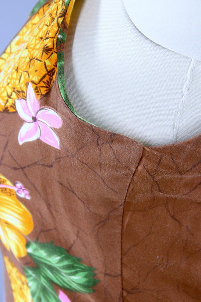 Vintage 1960s Hawaiian Paradise Maxi Dress / Brown Floral Print - ThisBlueBird